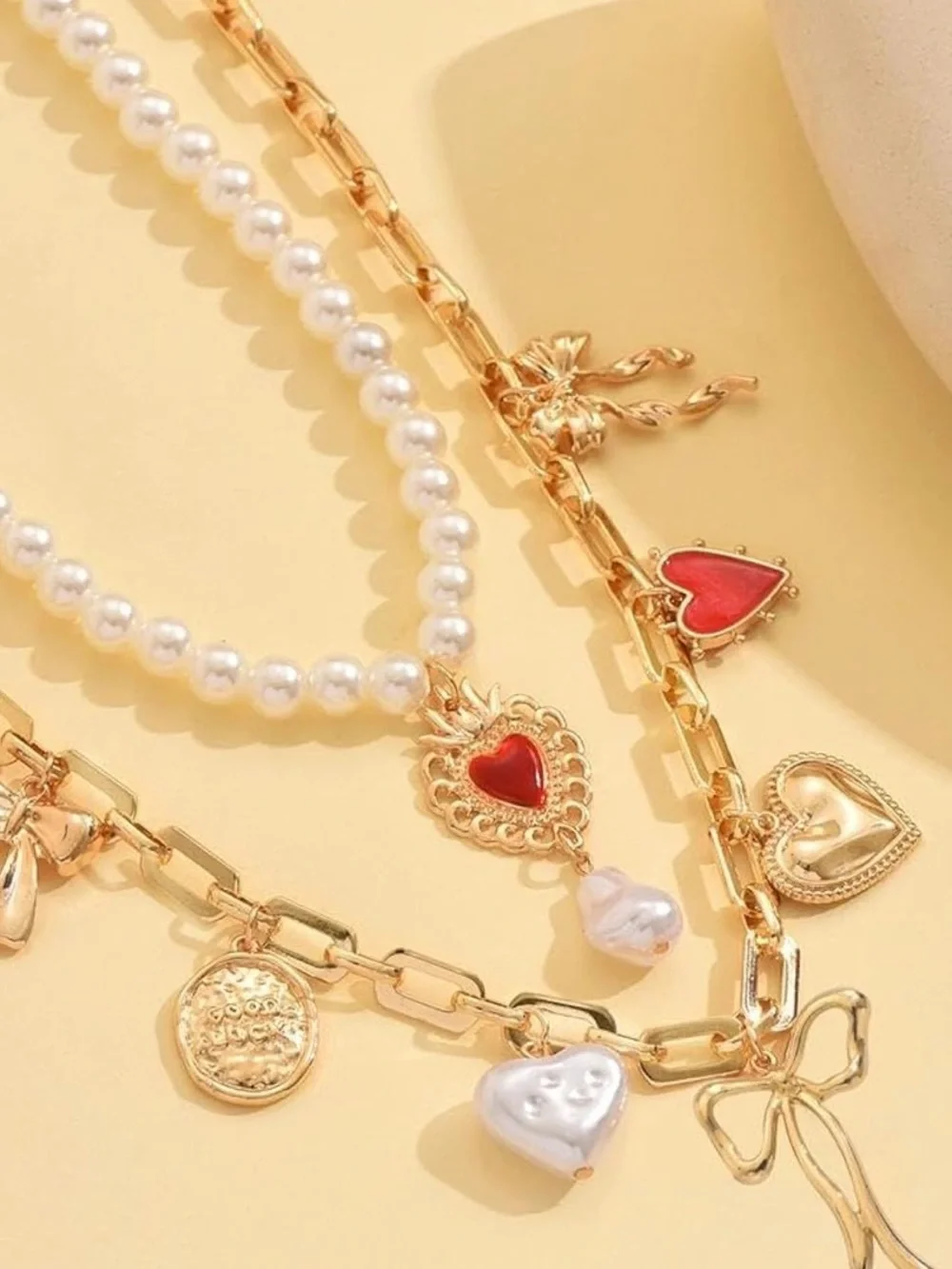 Anthropologie Gold-Tone Layered Necklace with Red Hearts and White Pearls